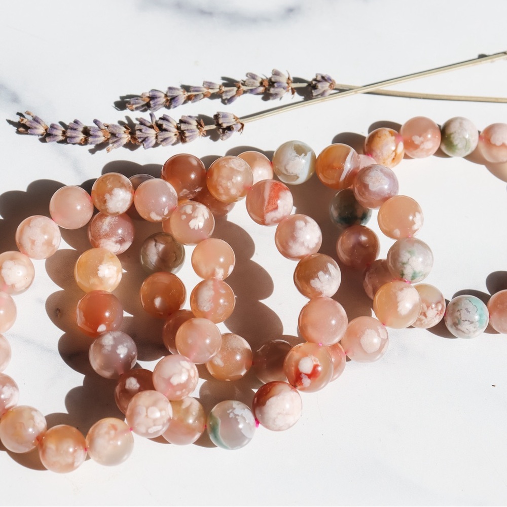 Green, Blue & Pink Flower Sakura Agate Bracelet 13mm